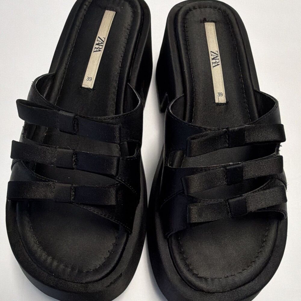 ZARA Womens Leather Platform Wedge Strappy Slip-On Sandals Black EU 39 - Picture 3 of 7